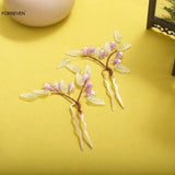 Purple Flower Hairpins Clips U Shaped Hair Sticks Forks Pearl