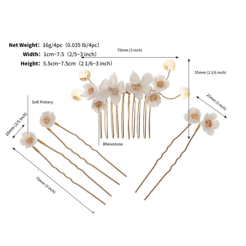 Glazed Flower Hairpin Hair Clips Set for Women, Pearl Wedding Tiaras