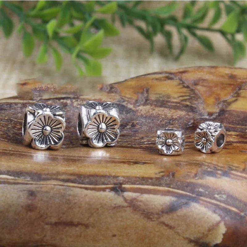 50pcs Antique Silver Square Flower Charm Spacer Bead 5mm 8mm Large Hole Beads