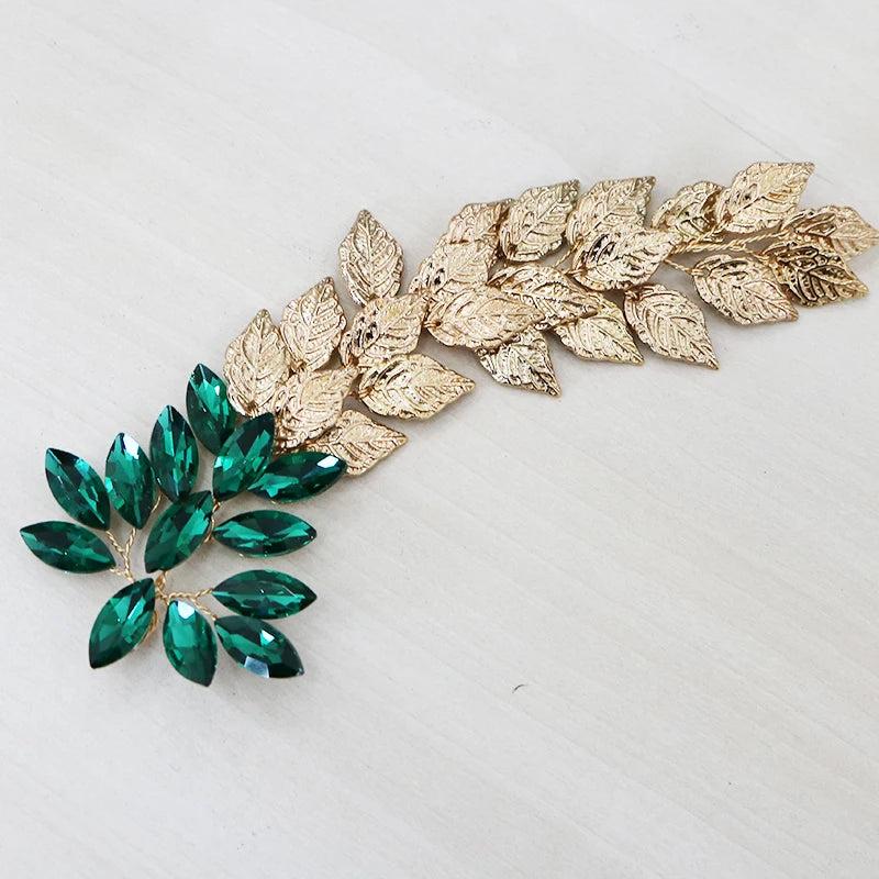 Green Crystal Hairbands Plant Leaf Women Bands Tiara Ornament