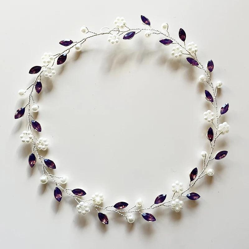 Purple Crystal Hairbands Wedding Hair Jewelry Pearl Bridal Vine Tiara