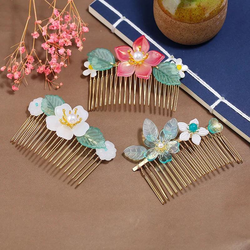 Chinese Colored Glaze Flower Hair Comb Retro Hair Accessory
