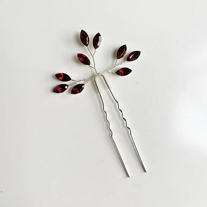 Red Crystal Hair Pins Wedding Jewelry Head Ornament Tiara
