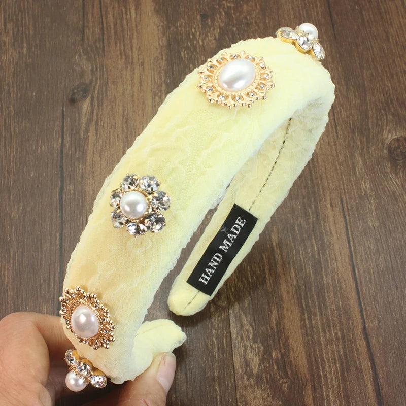 Baroque Pearl Rhinestone Wide Headband for Parties