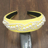 Yellow PU Leathers Pearl Beaded Width Headband For Women