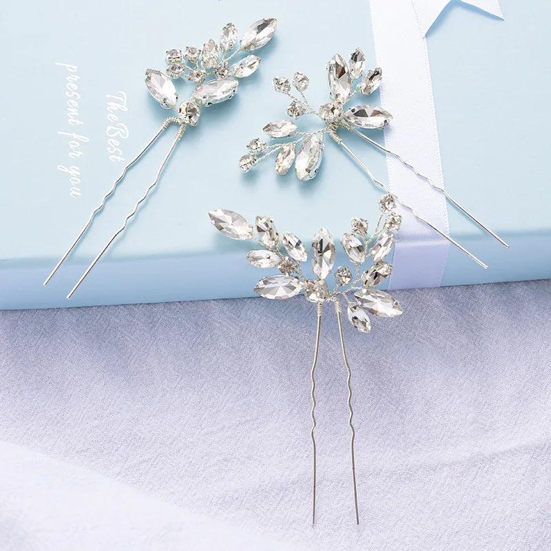 3PCS Silvery Crystal Bridal Hair Pins Flower Jewelry Accessories
