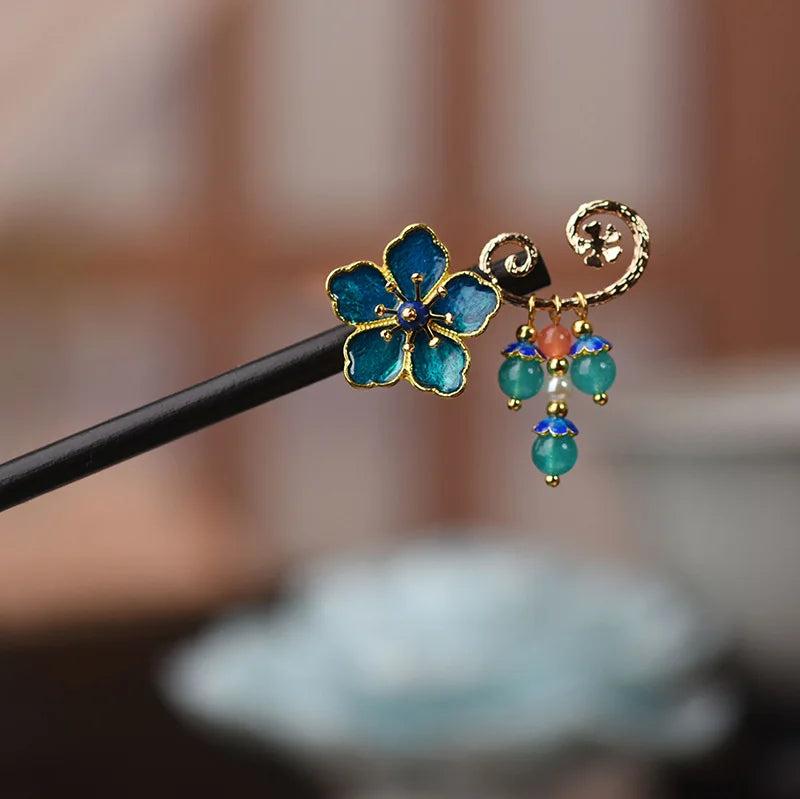 Ebony Wood Hairpin Tassel Cloisonne Hair Jewelry Gingkgo Flowers Headwear