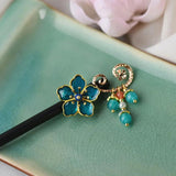 Ebony Wood Hairpin Tassel Cloisonne Hair Jewelry Gingkgo Flowers Headwear