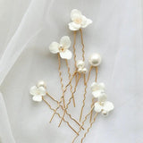 7Pcs Ceramic Flower Bridal Hairpin Tiara Pearl Wedding Headpiece