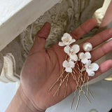 7Pcs Ceramic Flower Bridal Hairpin Tiara Pearl Wedding Headpiece