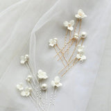 7Pcs Ceramic Flower Bridal Hairpin Tiara Pearl Wedding Headpiece