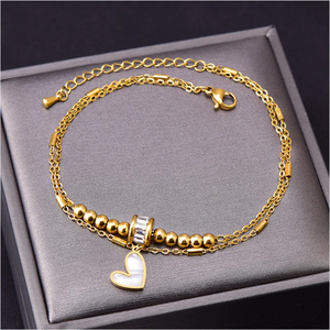2-Layer Zircon Bead Shell Love Heart Anklet