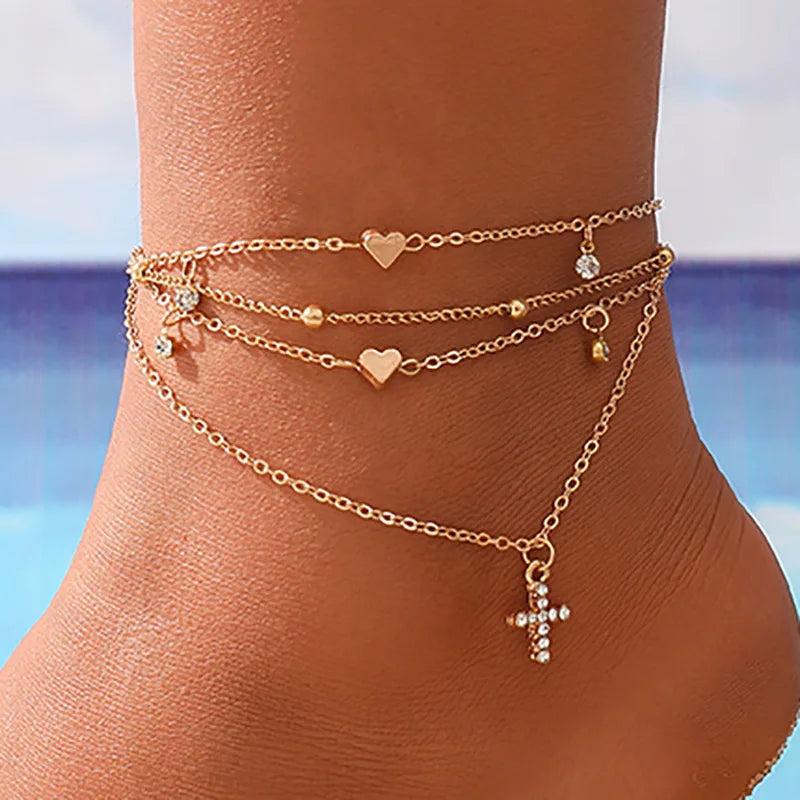 Boho Rhinestone Cross Anklet Multilayer Love Heart Beach Foot Jewelry