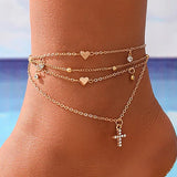 Boho Rhinestone Cross Anklet Multilayer Love Heart Beach Foot Jewelry