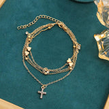 Boho Rhinestone Cross Anklet Multilayer Love Heart Beach Foot Jewelry