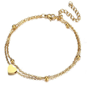 Double Layers Heart Charm Anklet Silver Stainless Steel