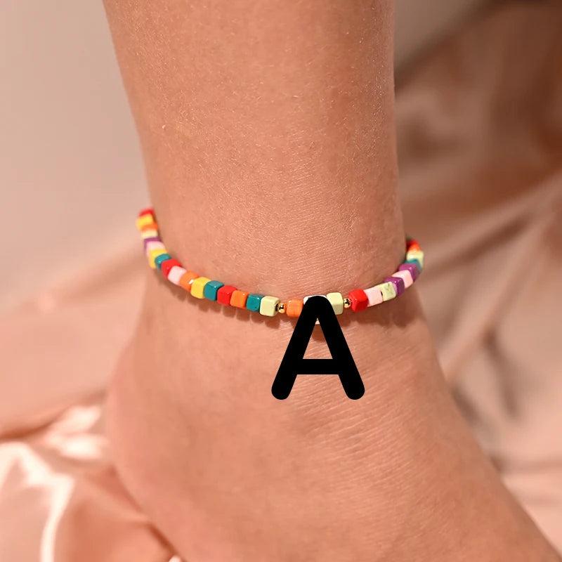 Colorful Initial Anklet Bracelet for Women Adjustable Leg Chain Beach Jewelry