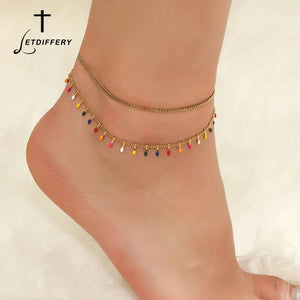 Vintage Colorful Bead Anklet Multi-layer Stainless Steel for Women