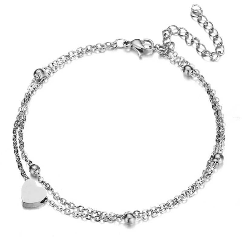 Double Heart Charm Anklet Silver Stainless Steel Beach Jewelry