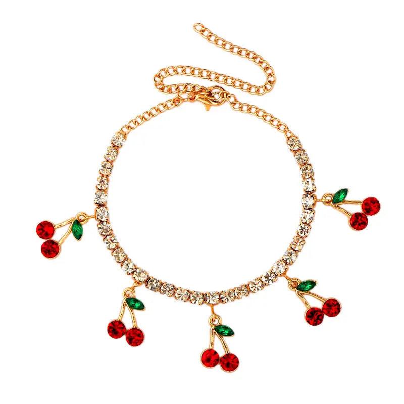 Caraquet Sweet Red Crystal Cherry Anklet Rhinestone Tennis Chain Foot Jewelry