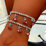Caraquet Sweet Red Crystal Cherry Anklet Rhinestone Tennis Chain Foot Jewelry