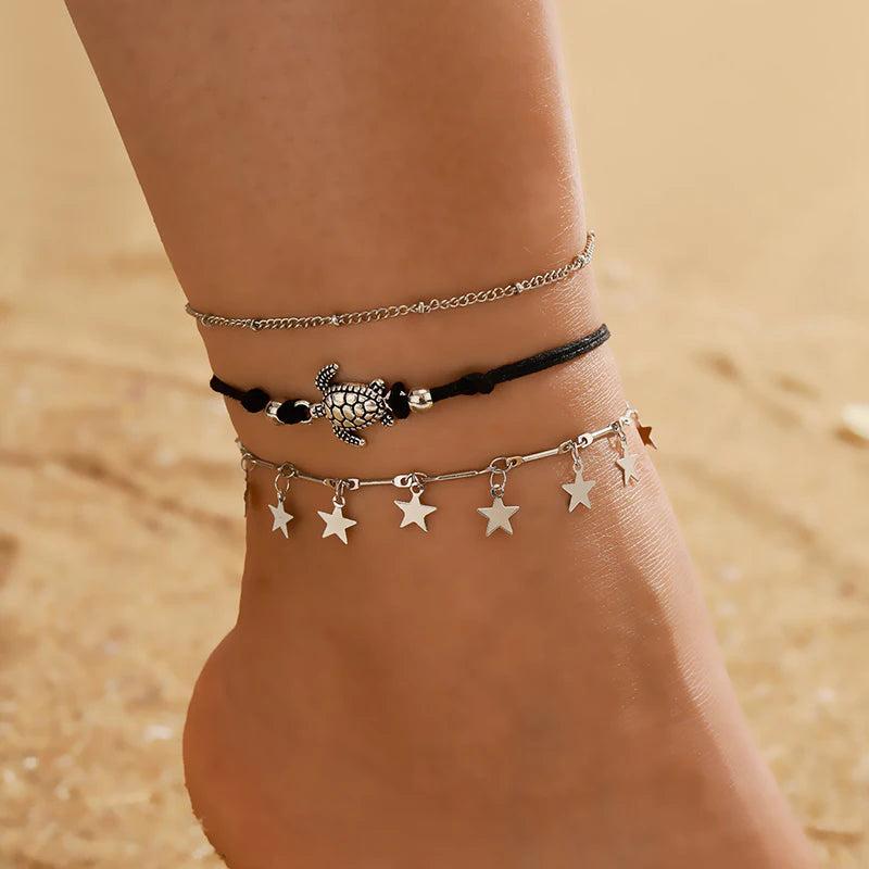 Boho Butterfly Letter Pendant Anklets for Women Star Sequins Chain Anklet