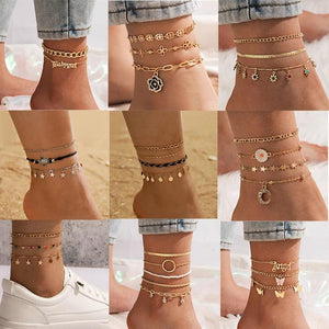 Boho Butterfly Letter Pendant Anklets for Women Star Sequins Chain Anklet