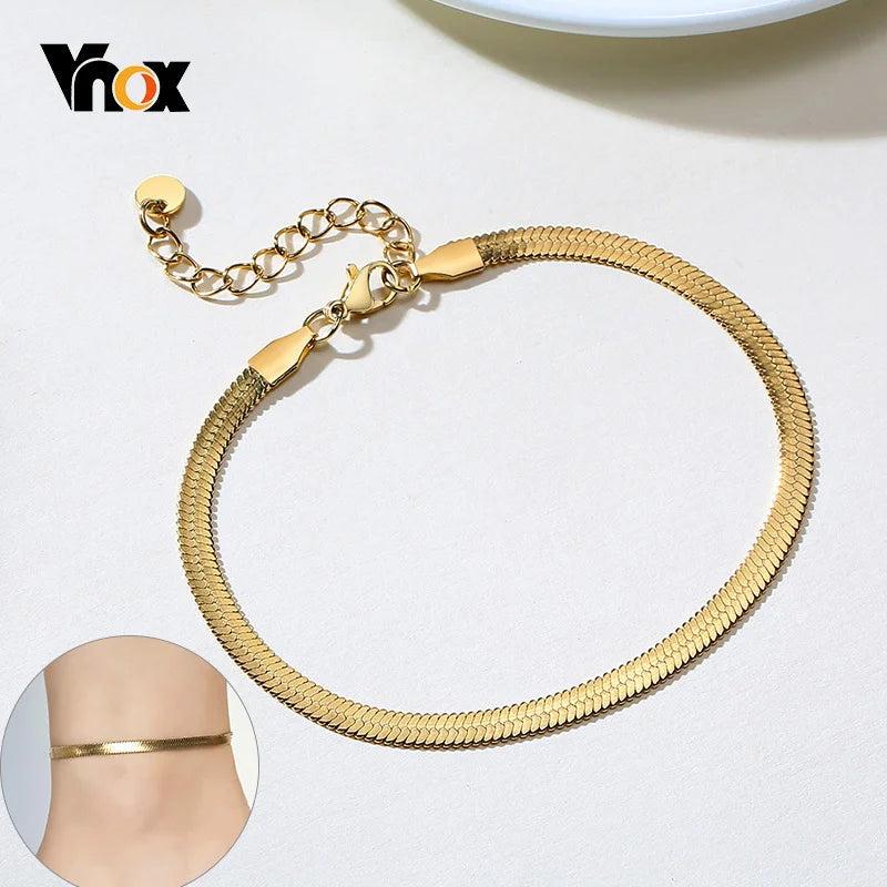 Flat Snake Chain Anklet for Women Metal Adjustable Herringbone Link Chain