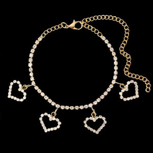Boho Crystal Heart Tennis Anklet Silver Rhinestone Love Heart