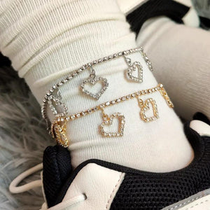 Boho Crystal Heart Tennis Anklet Silver Rhinestone Love Heart