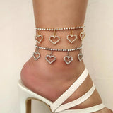 Boho Crystal Heart Tennis Anklet Silver Rhinestone Love Heart