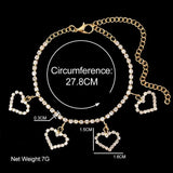 Boho Crystal Heart Tennis Anklet Silver Rhinestone Love Heart