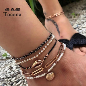 Summer Shell Scallop Beaded Anklets for Women Chain Rope Jewelry 8007