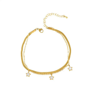 Double Layered Flat Snake Chain Ankle Bracelets with Shell Star Charms
