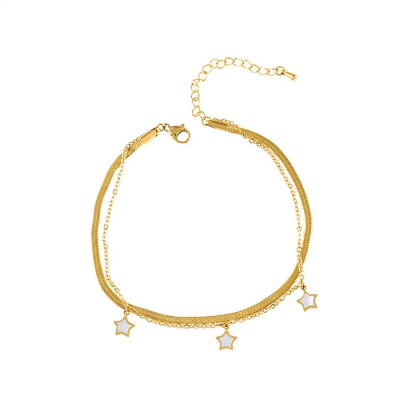 Double Layered Flat Snake Chain Ankle Bracelets with Shell Star Charms