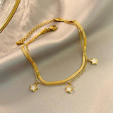 Double Layered Flat Snake Chain Ankle Bracelets with Shell Star Charms