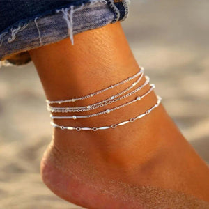 5PCS Metal Round Bead Anklet Set Chain Beach Jewelry