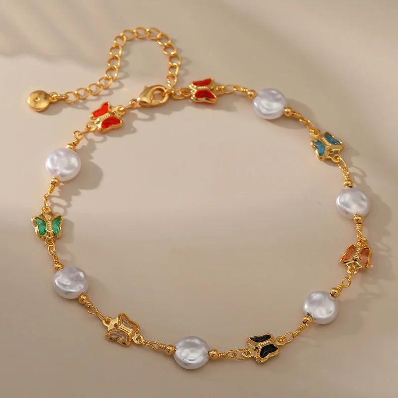 Baroque Pearl Anklets with Butterflies Women Summer Natural Pearl