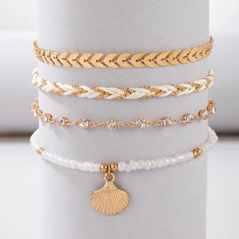 Boho Beads Shell Anklet Set for Women Multilayer Adjustable Foot Chains