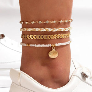 Boho Beads Shell Anklet Set for Women Multilayer Adjustable Foot Chains