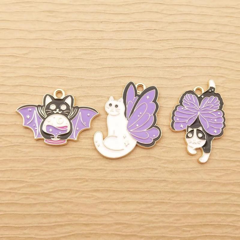 Enamel Wing Cat Charm for Jewelry Making Bulk Animal Metal Necklace Pendant