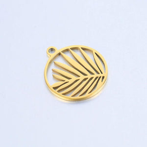 5pcs Round Palm Branch Leaves Charms Pendant 15mm Stainless Steel DIY Jewelry