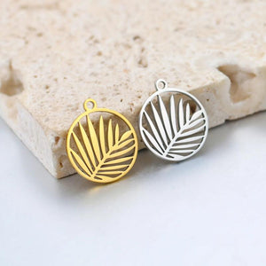 5pcs Round Palm Branch Leaves Charms Pendant 15mm Stainless Steel DIY Jewelry