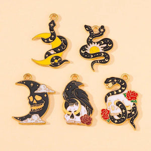 20Pcs/Lot Enamel Skull Snake Moon Sun Charms for Jewelry Making Halloween DIY