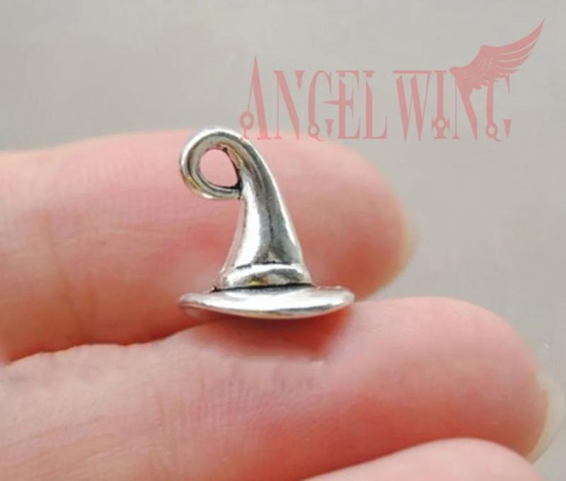 30pcs/lot Antique Silver Halloween Wizard Pendants 3D Witch's Hat Charms