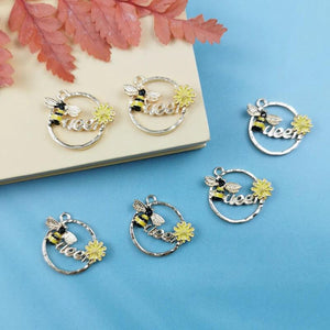 10PCS Alloy Enamel Bee Charms Daisy Flower Animal Round Pendants