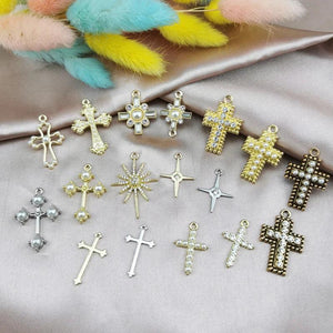 10pcs Cross Charms Pendants DIY Crafts Rhinestone Inlaid Jewelry