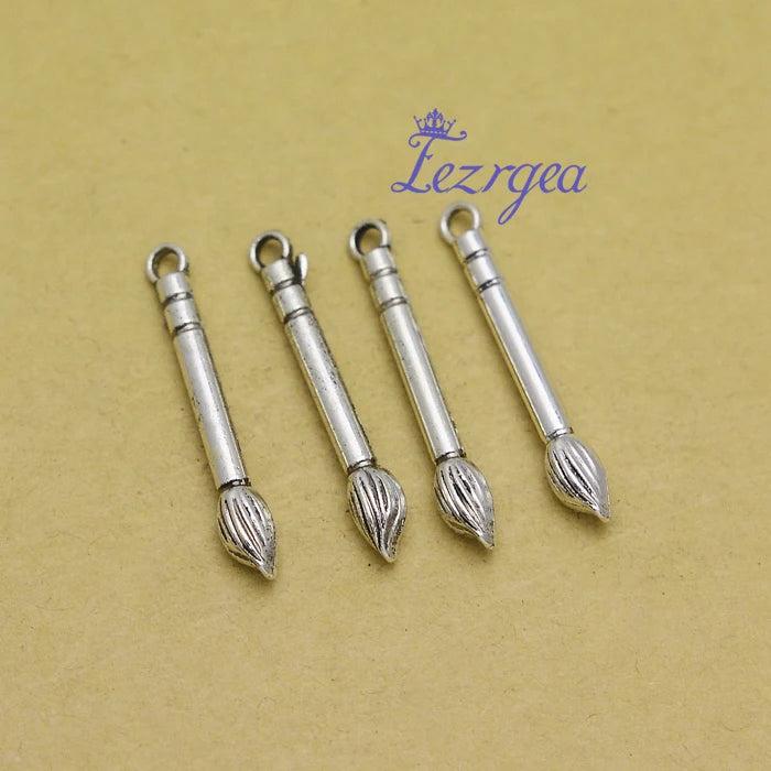 30pcs Antique Silver Paint Brush Charms Pendants DIY Keychain Jewelry Making