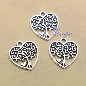 40pcs Antique Silver Heart Love Tree Charms Pendant for DIY Necklace