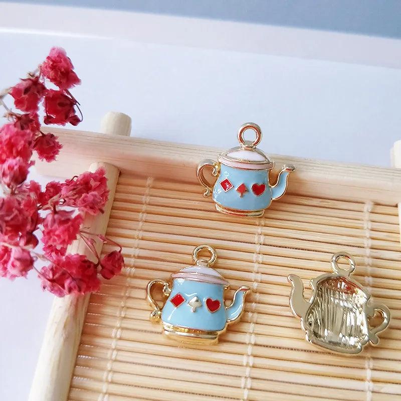 10pcs Enamel Tea Set Charms Pendants Oil Drop Teacup Teapot Metal Charms